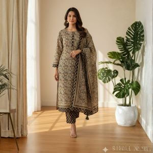 Black & Beige Printed Kurta Pant Set with Dupatta