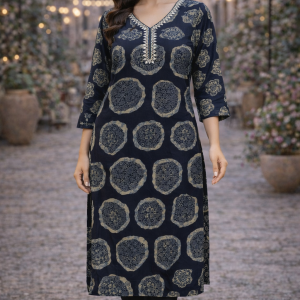 Navy Blue Printed Pure Cotton Kurta Set | Elegant Daily & Festive Ethnic Wear for Women