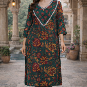 Emerald Green Floral Printed Cotton Kurta Set | Elegant Ethnic Wear for Women