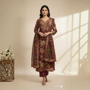 Maroon Floral Printed Kurta Pant Set with Dupatta