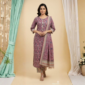 Mauve Printed Kurta Pant Set with Dupatta