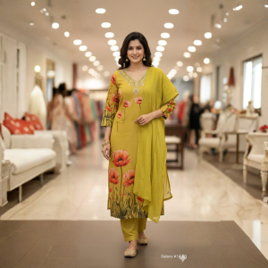 Mustard Floral Printed Kurti Suit Set with Dupatta