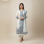 Off White Blue Embroidered Cotton Kurti Suit Set with Dupatta