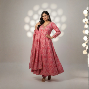 Pink Printed Anarkali Kurta Set with Dupatta