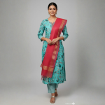 Turquoise Floral Printed Kurta Set with Contrast Dupatta