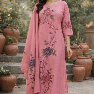 Elegant Pink Mul Chanderi Embroidered Kurta Set with Dupatta | Festive & Daytime Ethnic Wear for Women