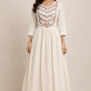 Elegant Off-White Hakoba Cotton Embroidered Anarkali Dress | Festive & Day Wear for Women