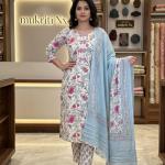 White with pink print n blue dupatta