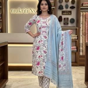 White with pink print n blue dupatta