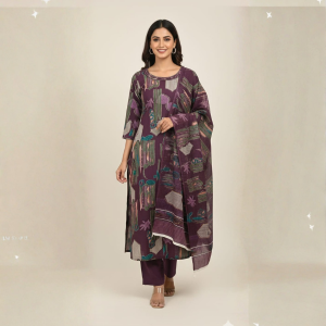 Women’s Purple Printed Kurta Pant Set with Dupatta